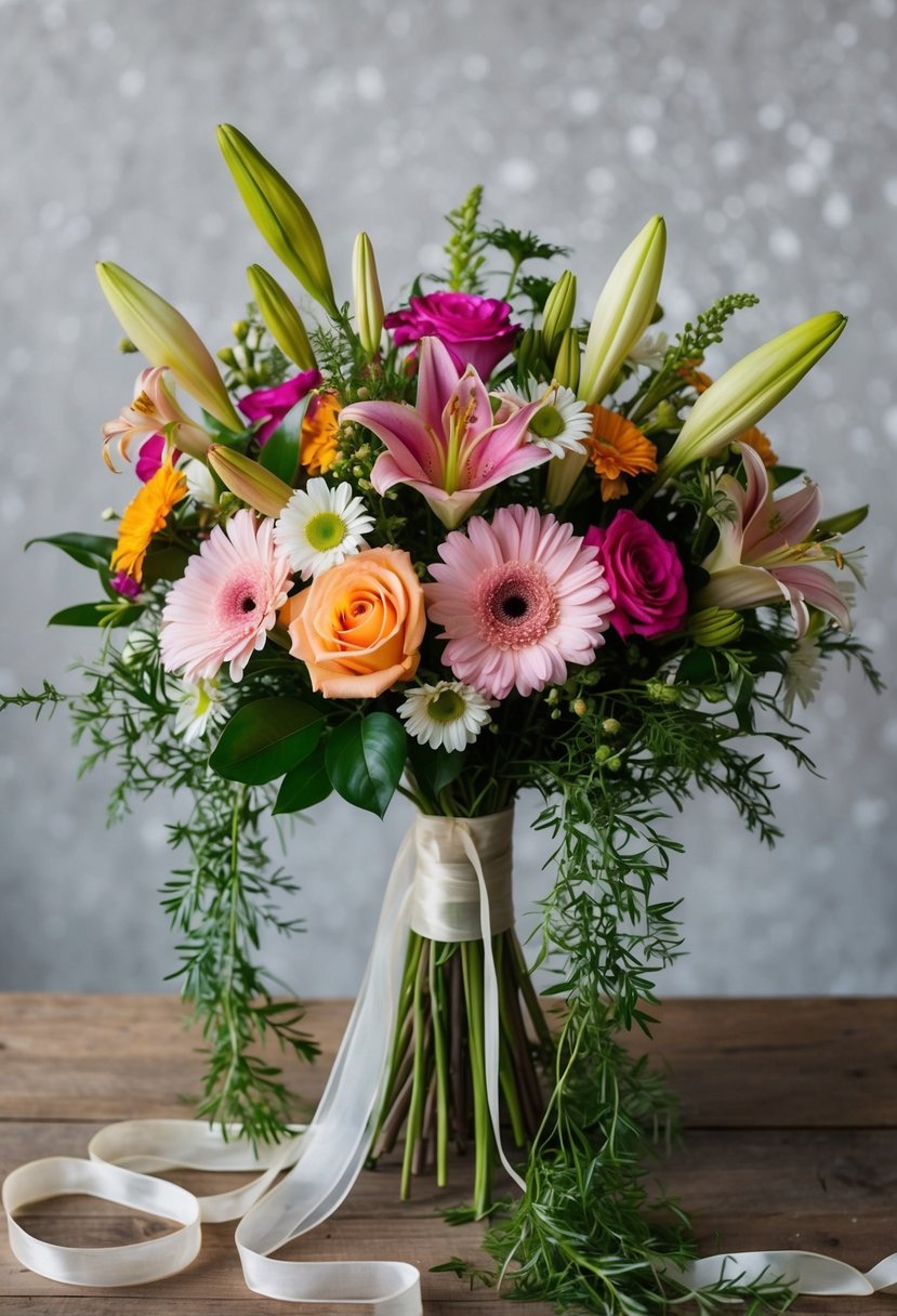 A vibrant bouquet of flowers, including roses, lilies, and daisies, arranged in a rustic, elegant style with trailing greenery and delicate ribbons