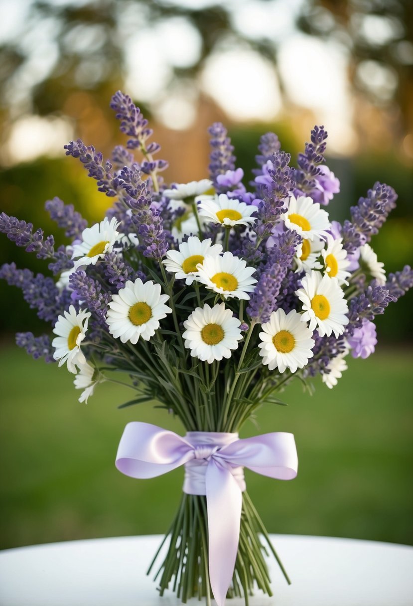 A bouquet of lavender and white daisies, tied with a satin ribbon