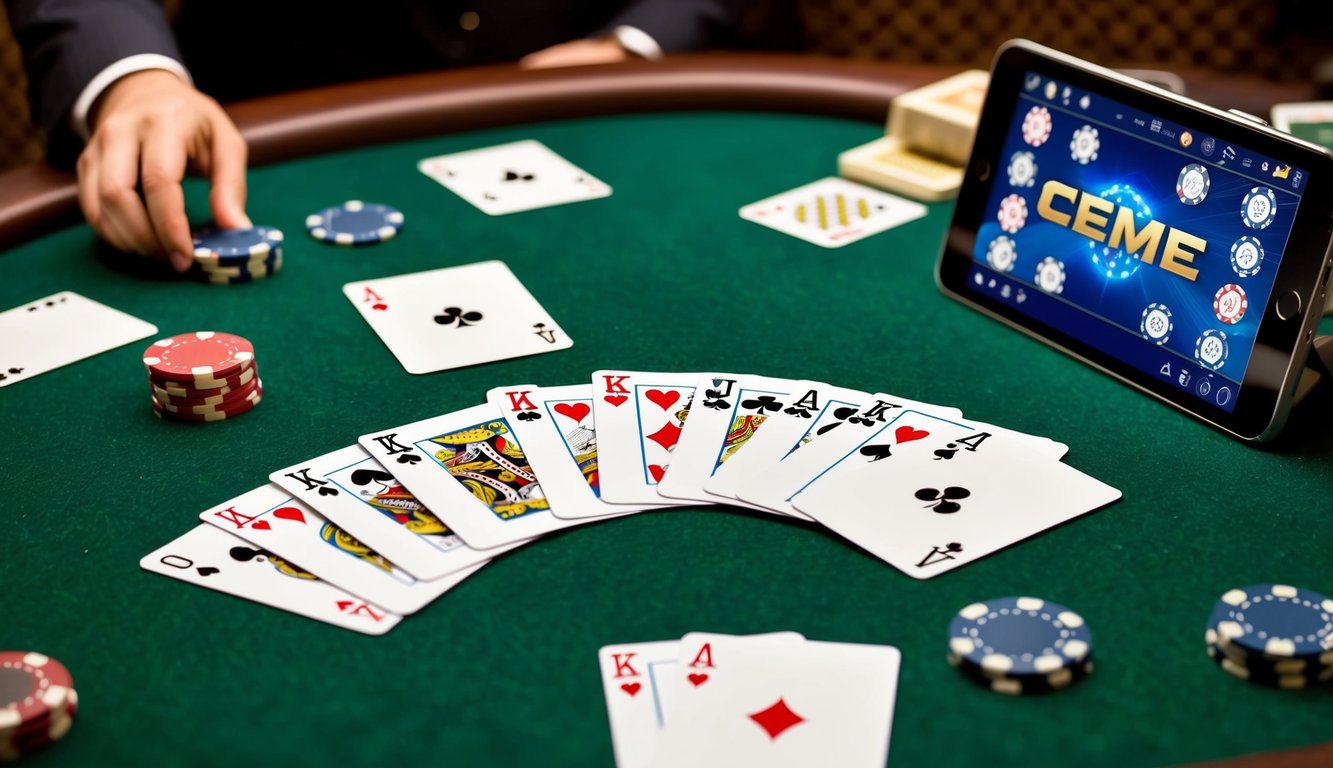 Sekelompok kartu remi yang tersebar di atas meja felt hijau, dengan chip poker dan perangkat digital yang menunjukkan permainan Ceme Online yang sedang berlangsung