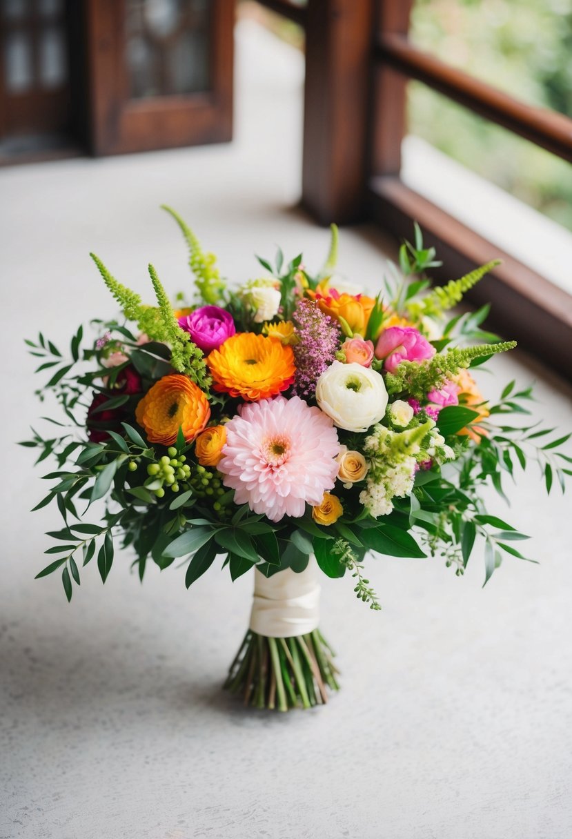 A traditional Korean wedding bouquet with bright, colorful flowers and delicate greenery, arranged in a classic, elegant style