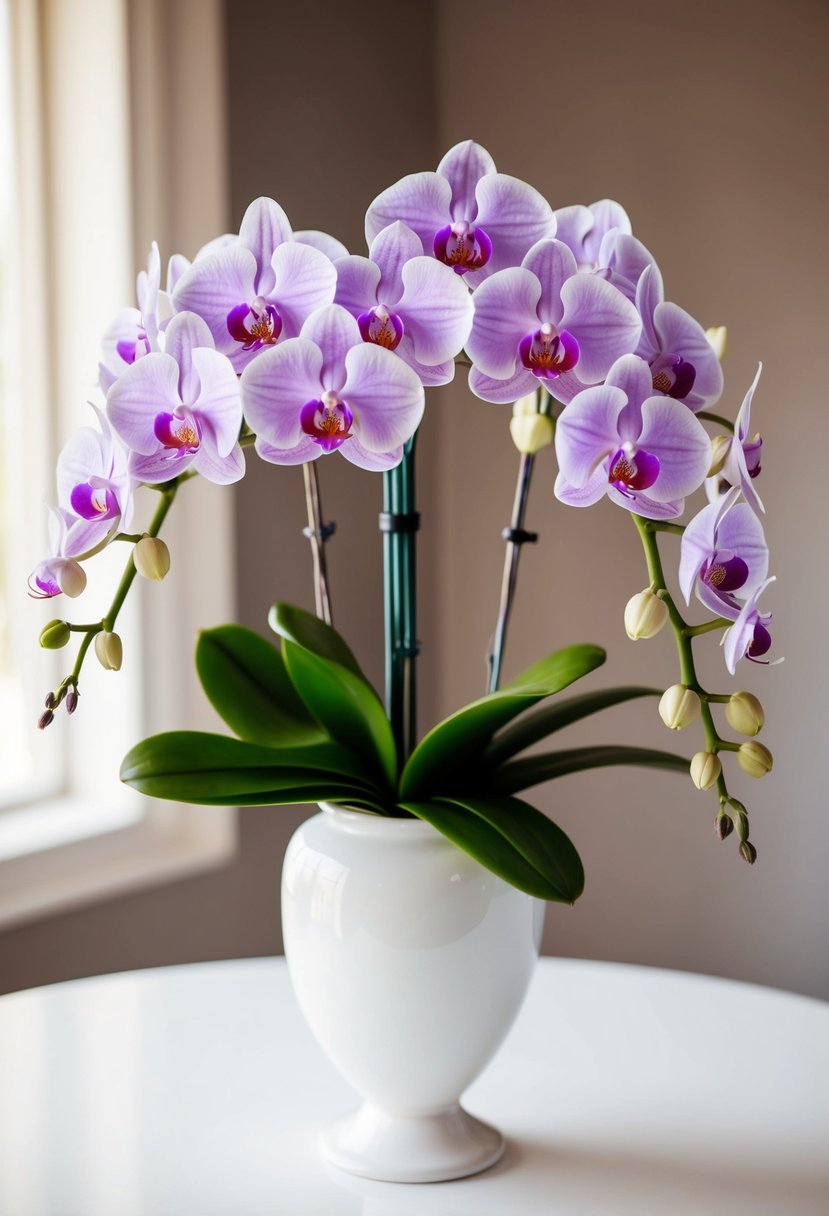 A delicate bouquet of lavender and cream orchids arranged in a white vase