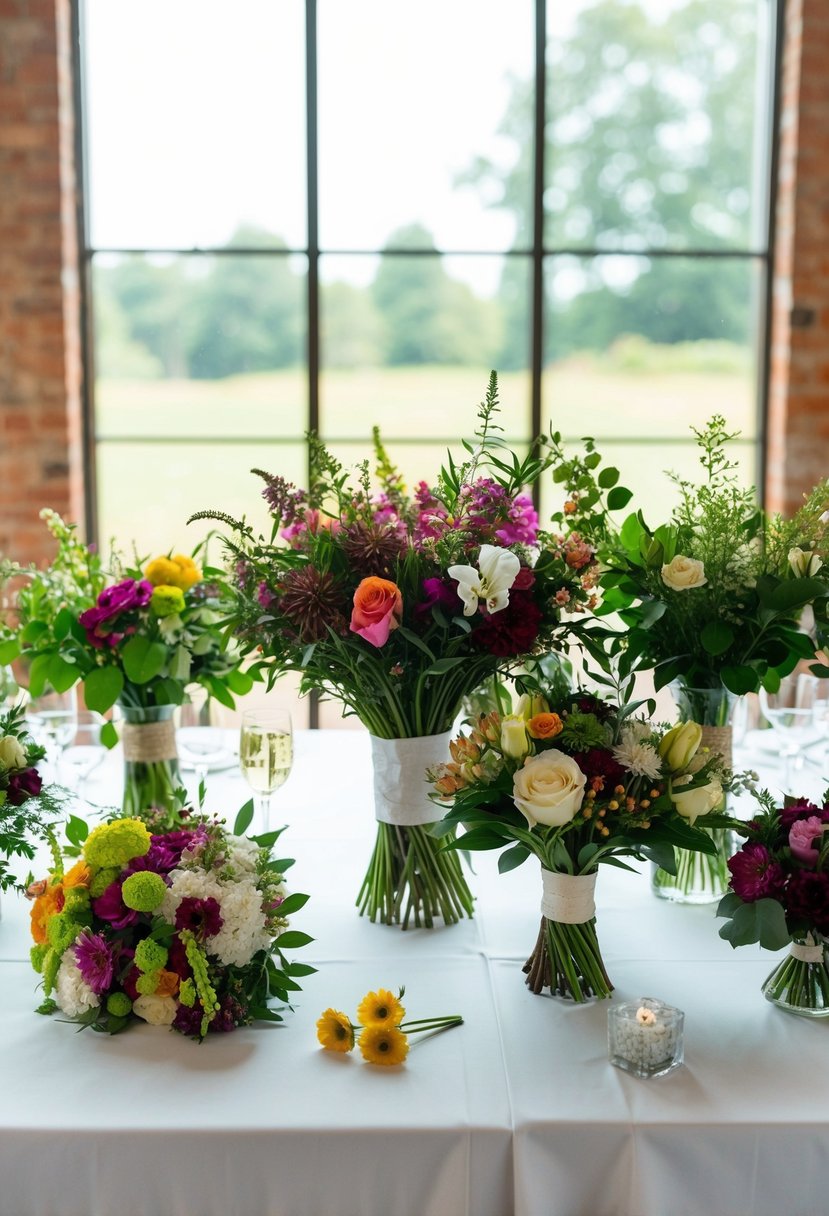 A table adorned with various wedding bouquet ideas, featuring a mix of vibrant flowers and greenery in different arrangements and styles