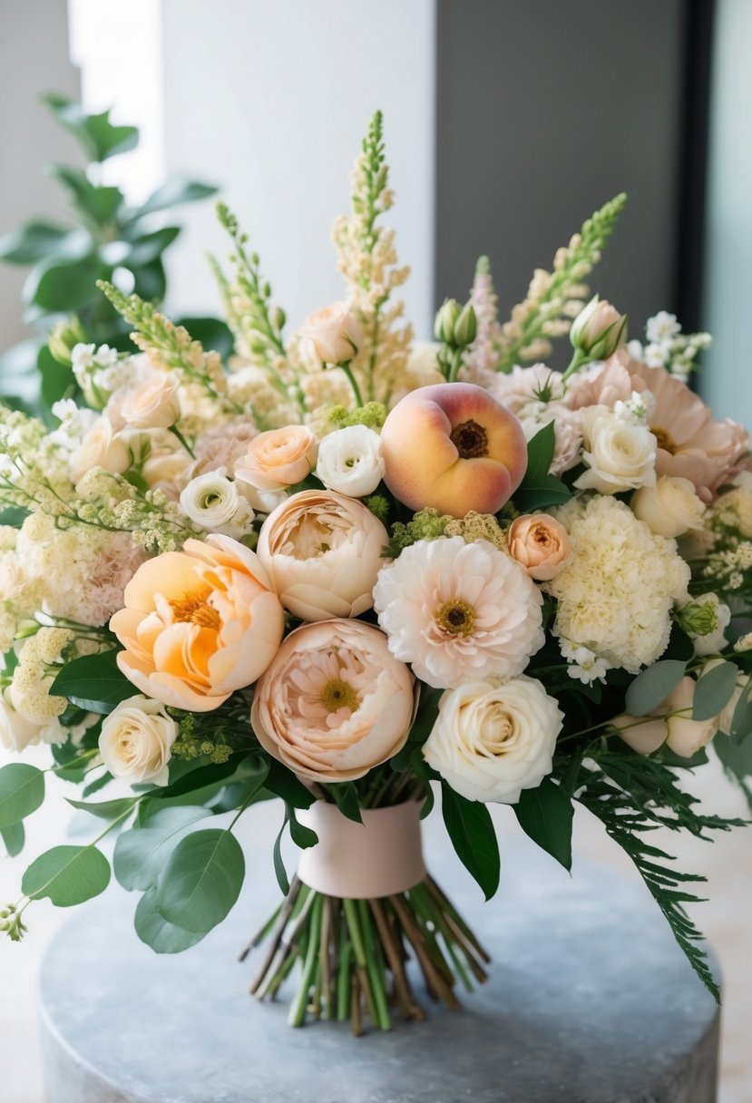 A lush bouquet of peach, champagne, dusty pink, and white blooms, arranged in a Korean-inspired style