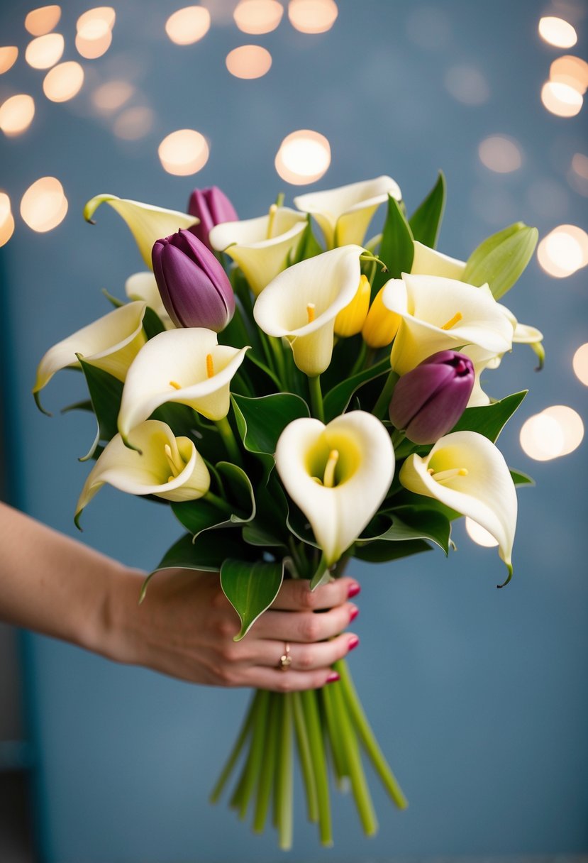 A petite bouquet of calla lilies and tulips arranged in a Korean style wedding bouquet