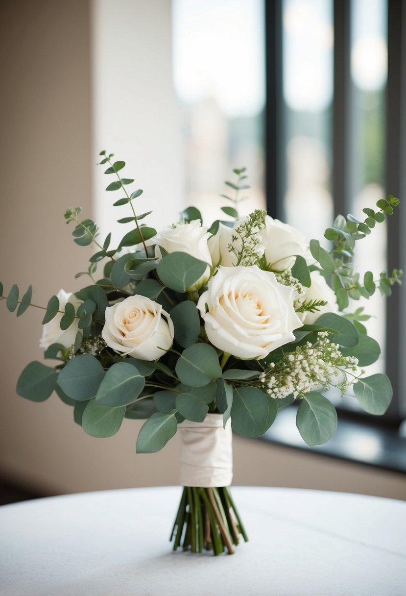 A white rose and eucalyptus wedding bouquet sits on a table, exuding elegance and beauty