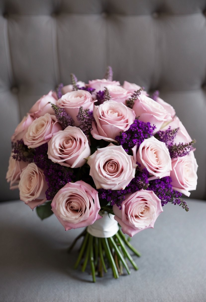 A bouquet of blush pink roses and purple fillers arranged in a Korean style wedding bouquet