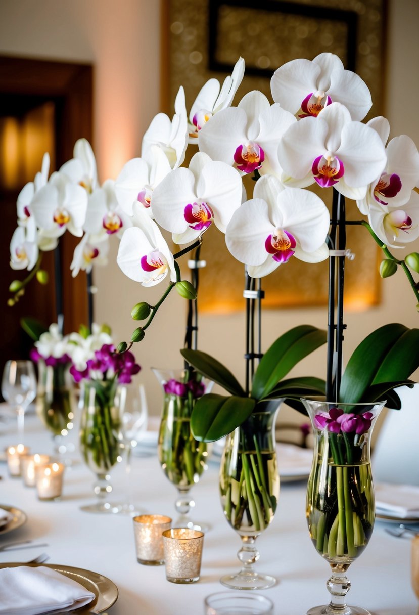 A table adorned with various orchid wedding bouquets in glass vases