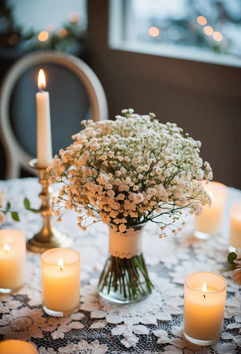 A vintage-style baby's breath centerpiece bouquet sits on a lace-covered table, surrounded by flickering candlelight and delicate floral accents