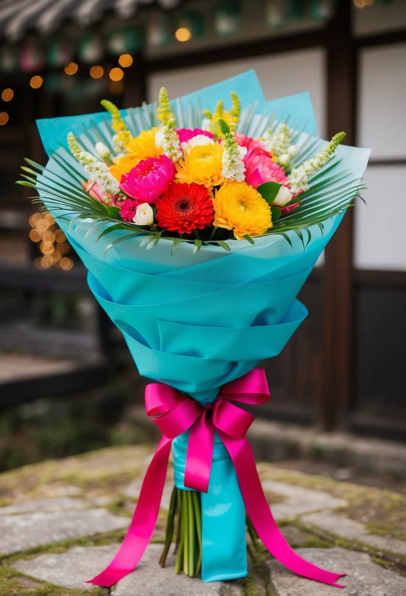 A vibrant Korean wedding bouquet, wrapped in traditional style with a tight ribbon