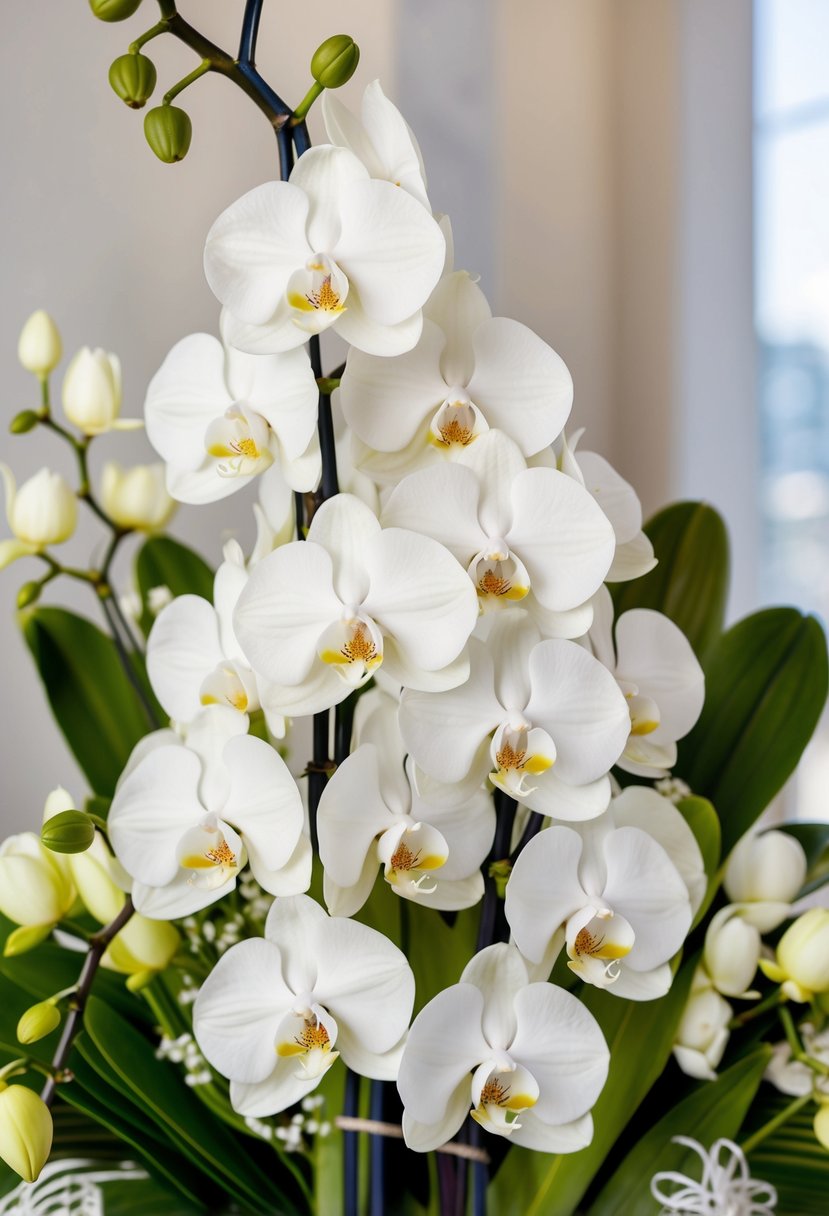 A stunning display of white orchids arranged in an elegant bouquet, perfect for wedding inspiration