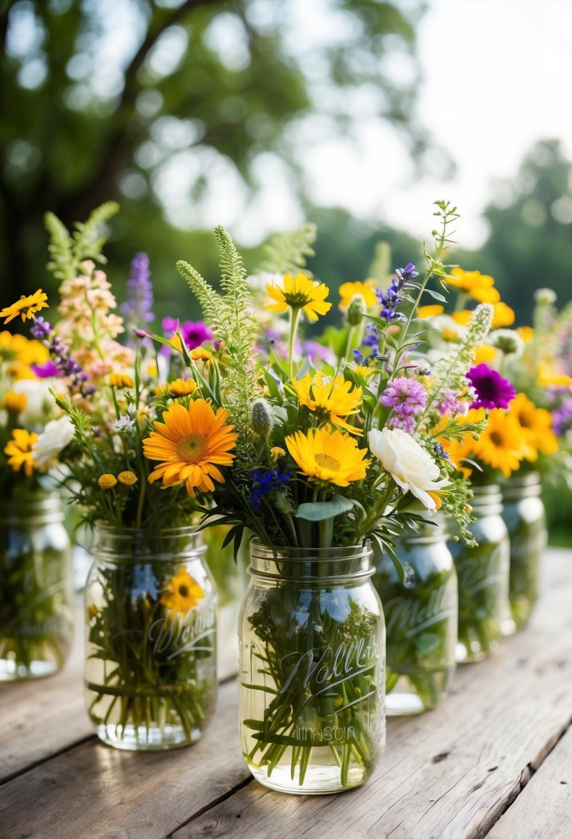 Mason jars filled with a vibrant mix of wildflowers, arranged on a rustic wooden table for a wedding bouquet display