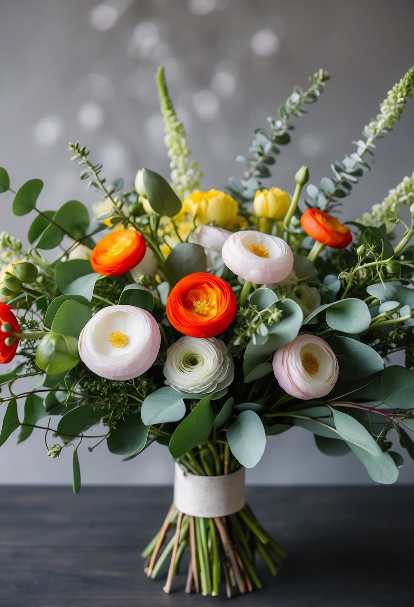 A vibrant bouquet of ranunculus and eucalyptus, arranged in a Korean style, with delicate and elegant details