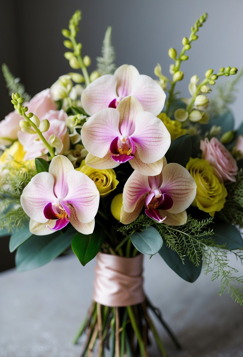 Blush and deep yellow orchids intertwine in a lush wedding bouquet, accented with delicate greenery