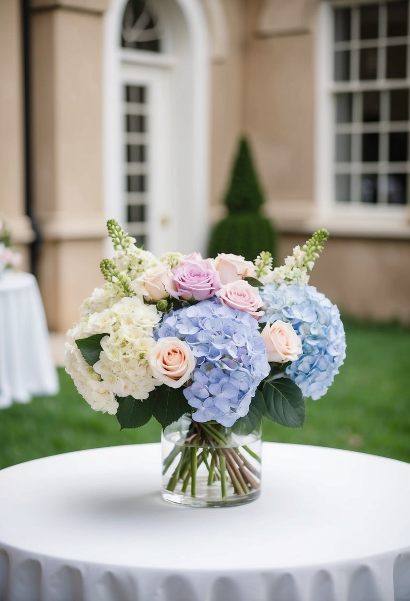 A round table displays a bouquet of hydrangeas and roses in a simple yet elegant arrangement