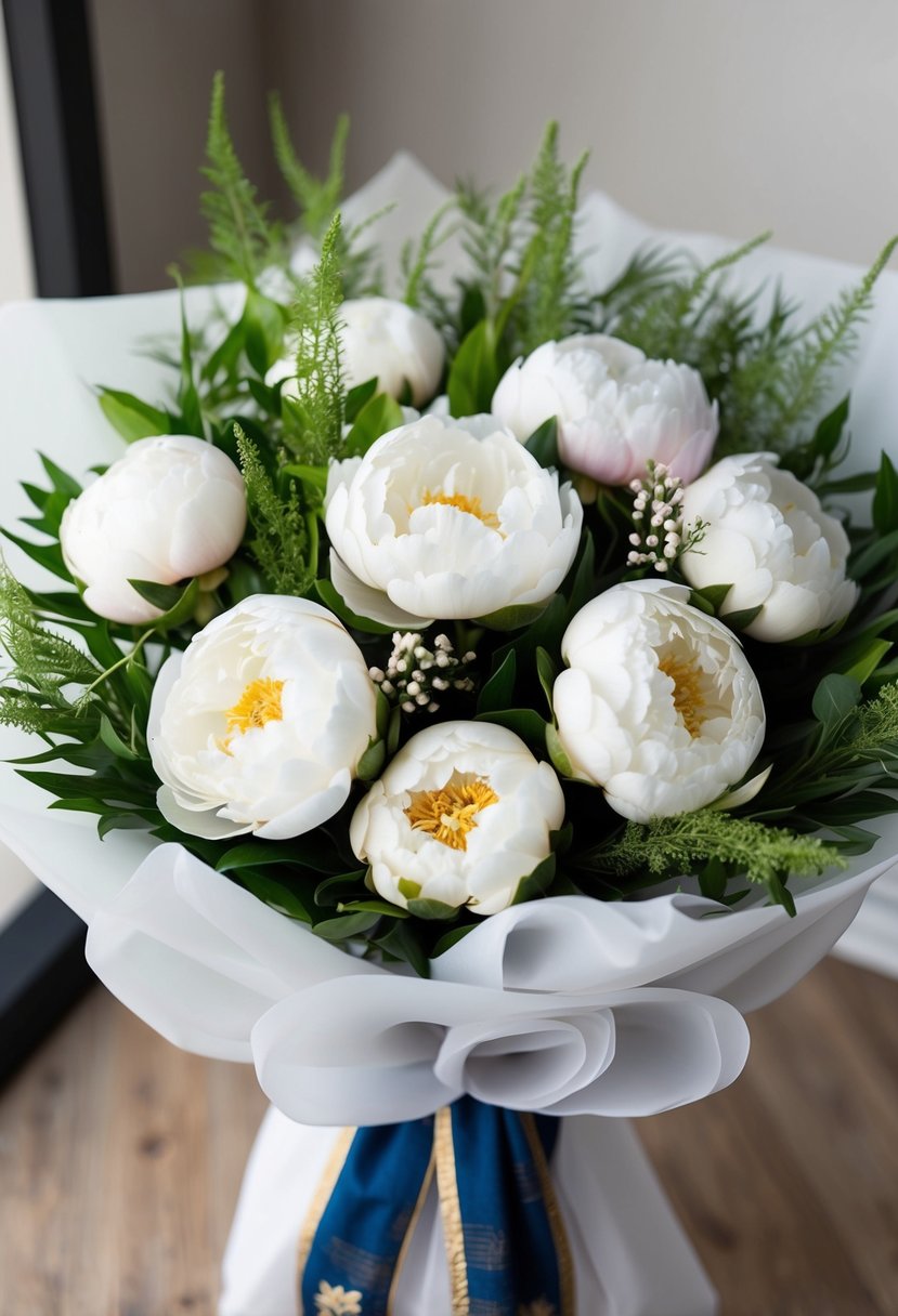 A lush arrangement of white peonies with delicate greenery, wrapped in traditional Korean-style fabric