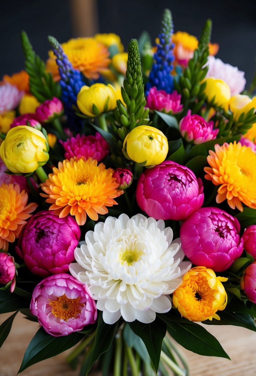 A colorful bouquet of chrysanthemums, peonies, and other Korean flowers arranged in a harmonious and vibrant style