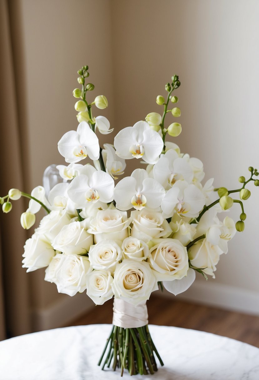 A delicate bouquet of white roses and orchids arranged in a wedding bouquet