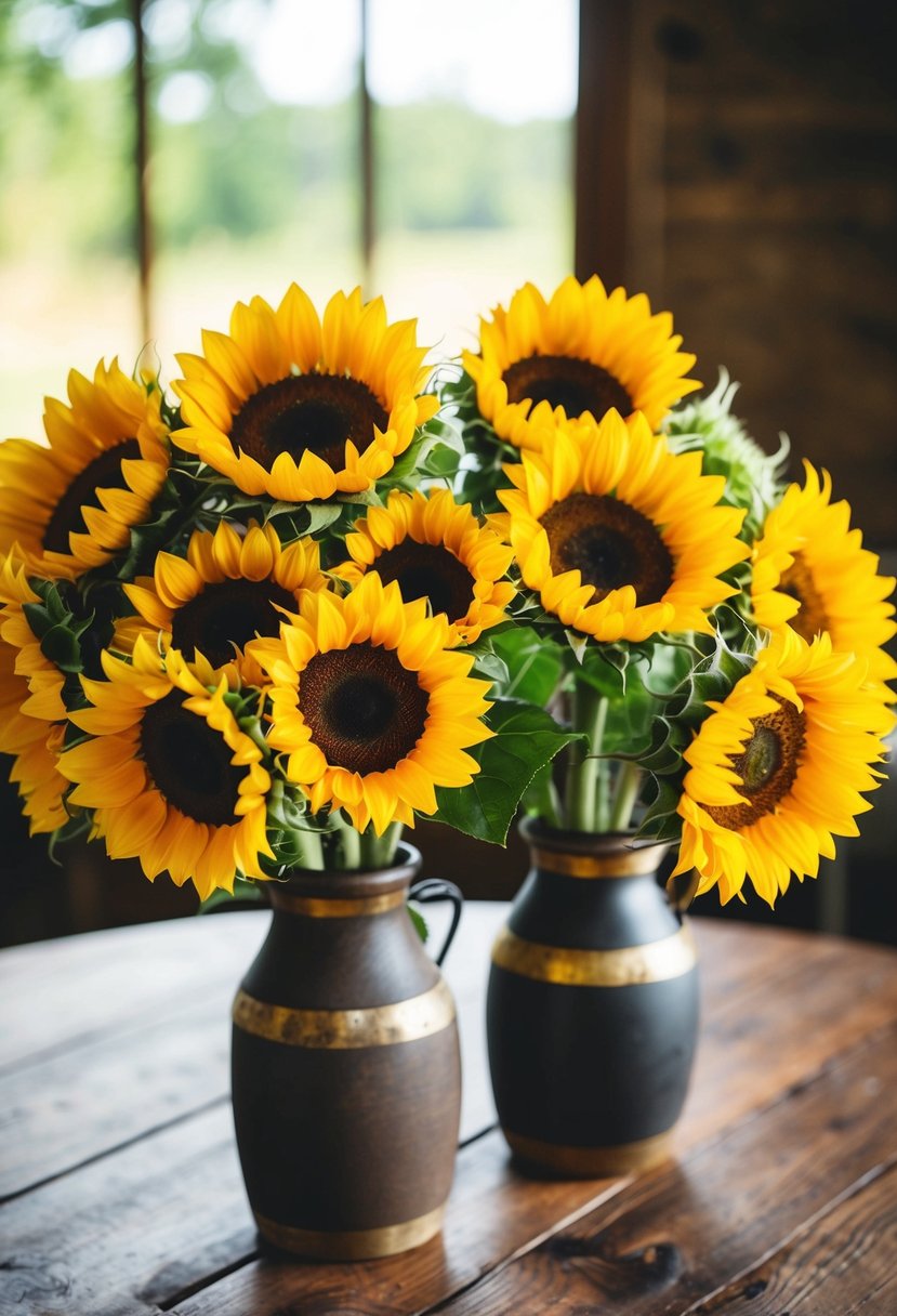 Bright sunflowers arranged in rustic vases on a wooden table, perfect for a wedding bouquet