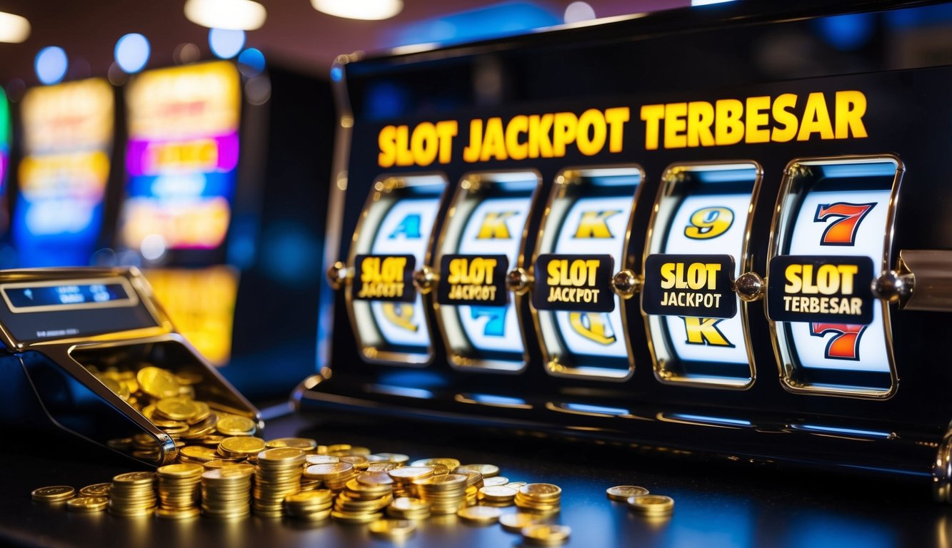 Lampu terang berkedip saat koin tumpah dari mesin slot dengan kata-kata "Slot Jackpot Terbesar" ditampilkan di layar