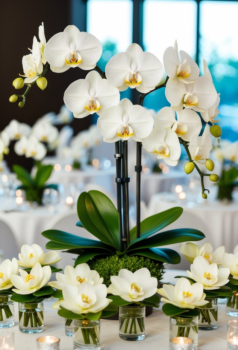 A classic white orchid centerpiece surrounded by smaller orchid bouquets