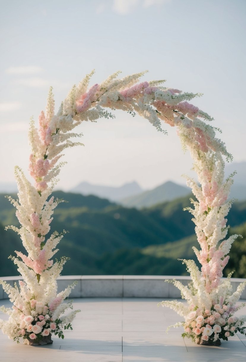 A delicate floral arch in soft pastel hues, inspired by Korean wedding bouquet designs