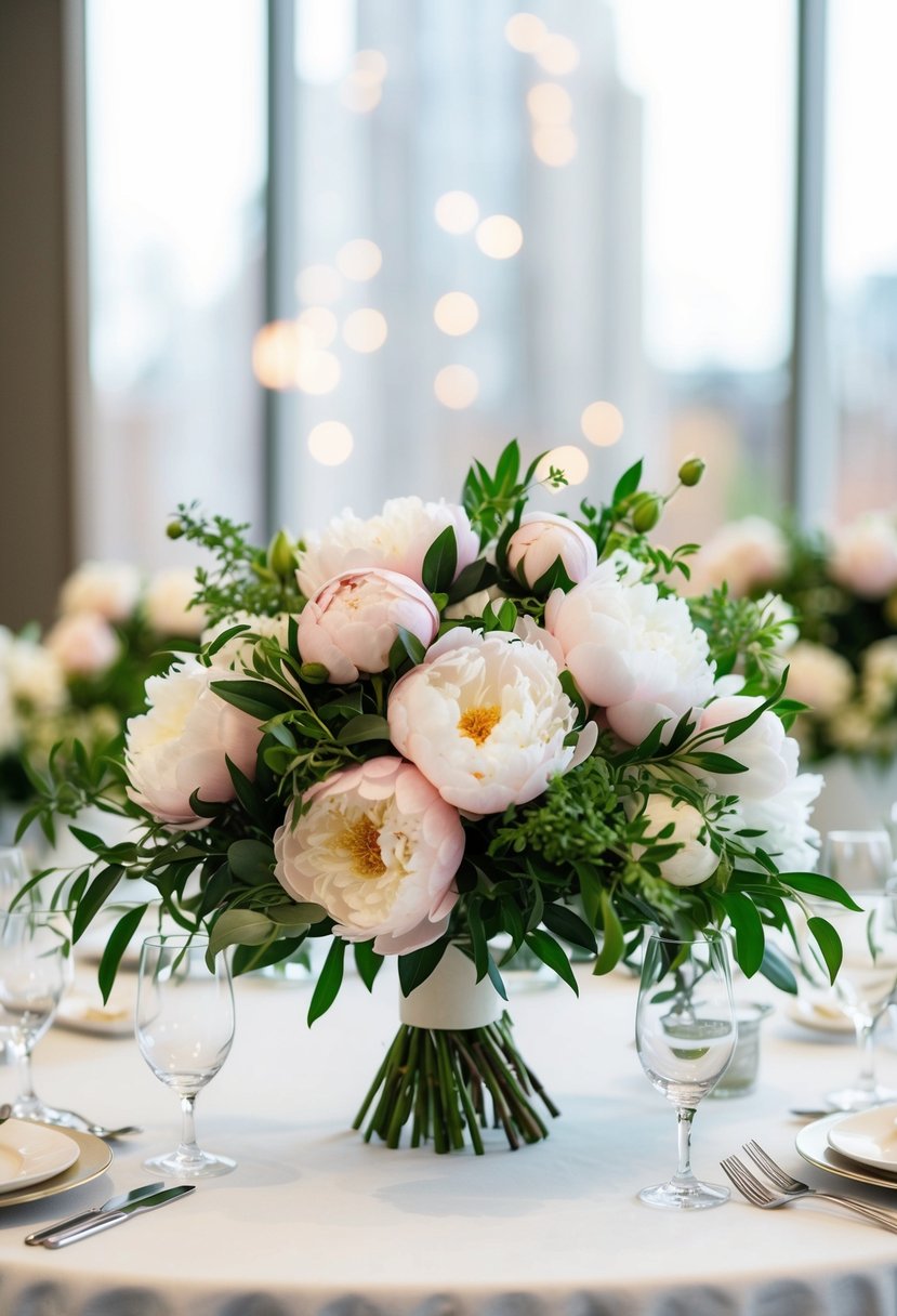 A lush bouquet of classic peonies and greenery arranged on a table for a wedding