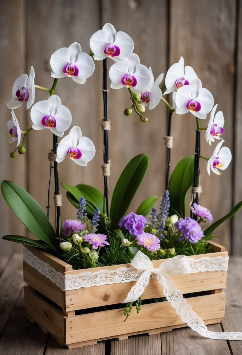 A wooden crate filled with wildflowers and delicate orchids, tied with a lace ribbon