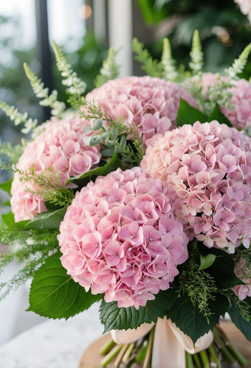 A lush bouquet of soft pink hydrangeas arranged in a Korean style, with delicate greenery and ribbon accents