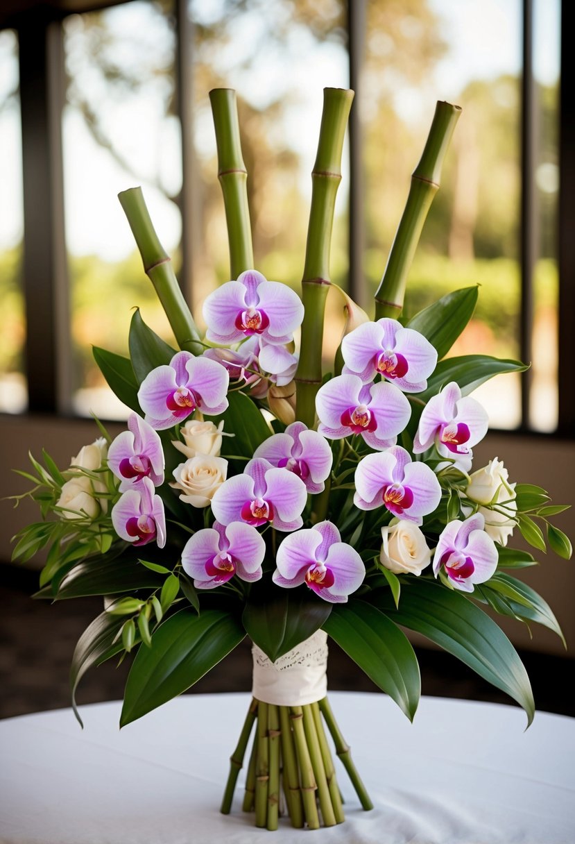 Orchids and bamboo arranged in a graceful wedding bouquet