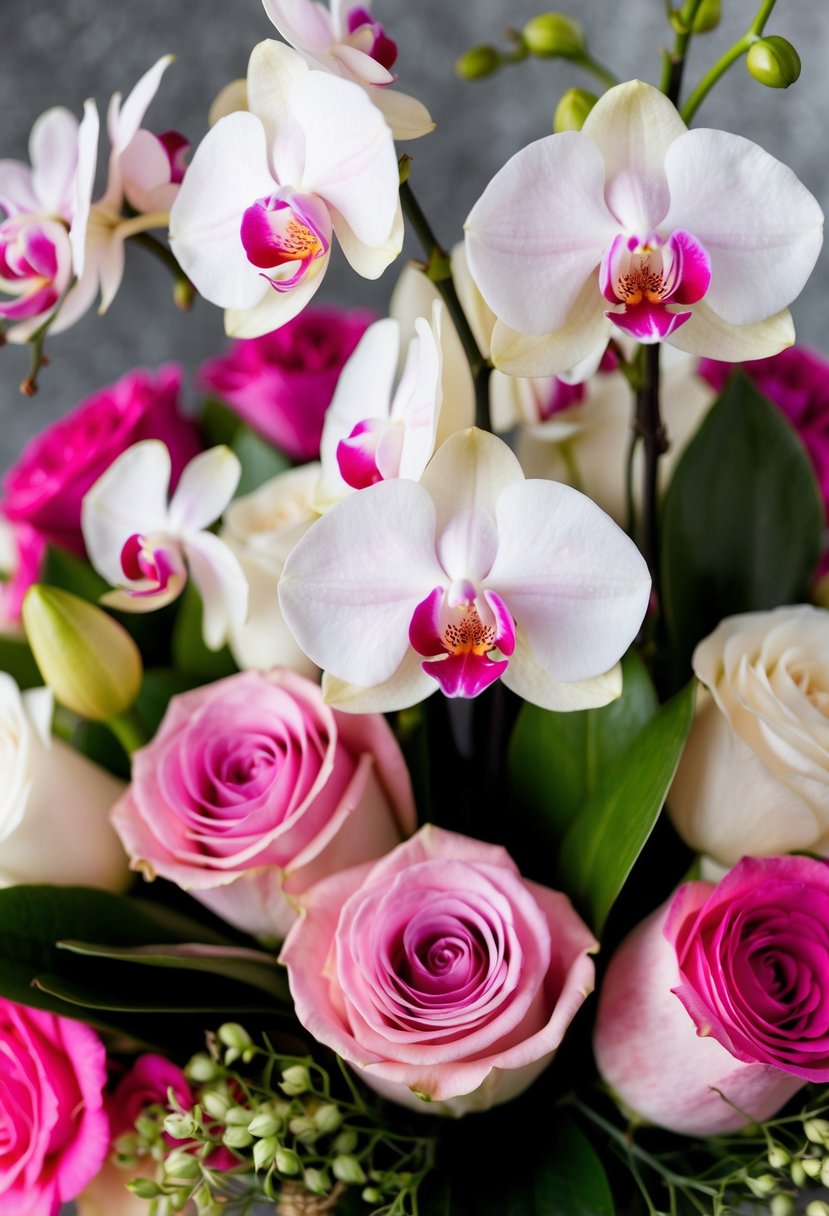 A lush bouquet of pink and white roses mixed with delicate orchids