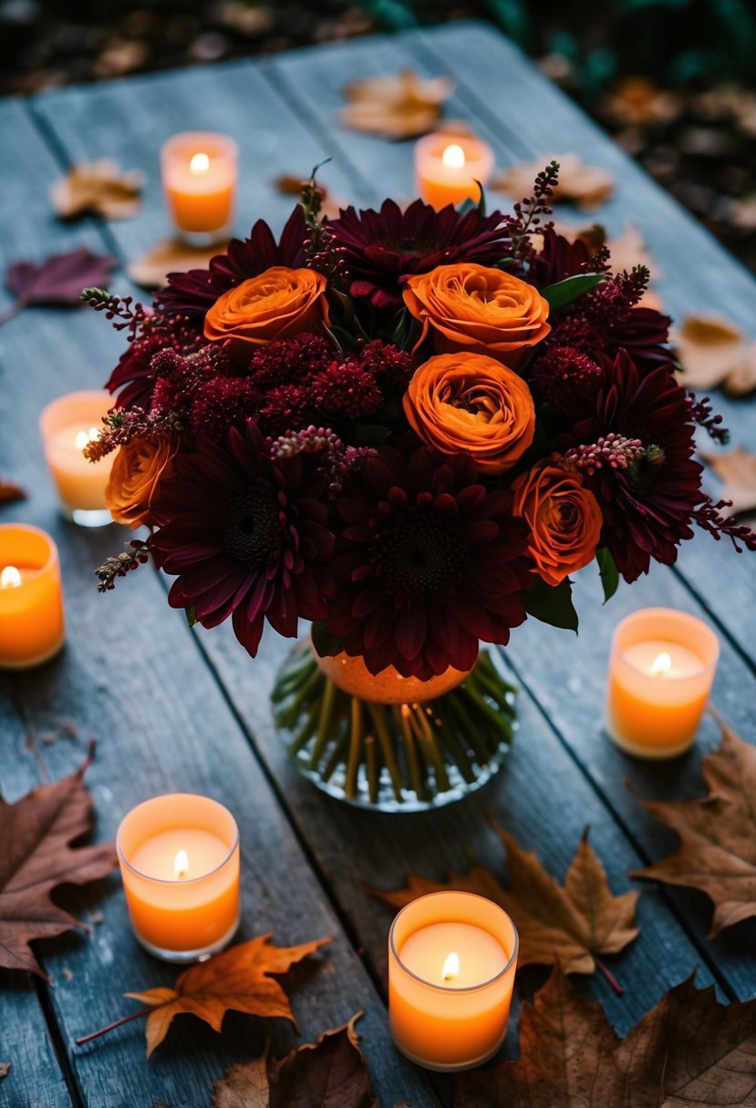 A rich burgundy and orange bouquet sits atop a rustic wooden table, surrounded by scattered fallen leaves and flickering candles