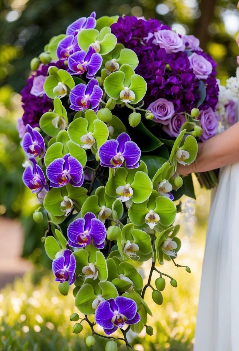 Lush green orchids intertwined with vibrant purple blooms in a cascading wedding bouquet