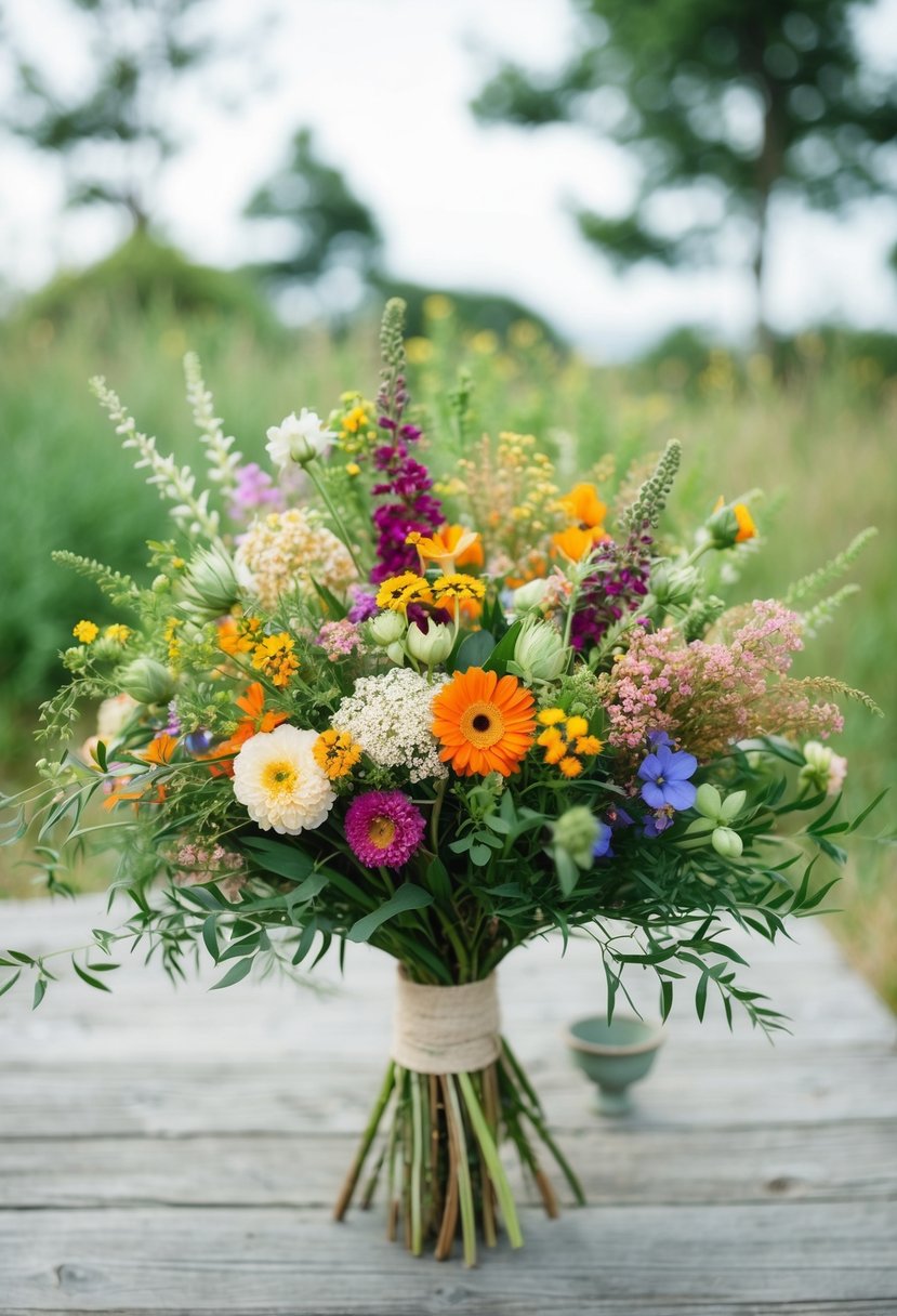 A wildflower bouquet in a rustic Korean style, with a blend of colorful blooms and greenery, arranged in a loose, natural form