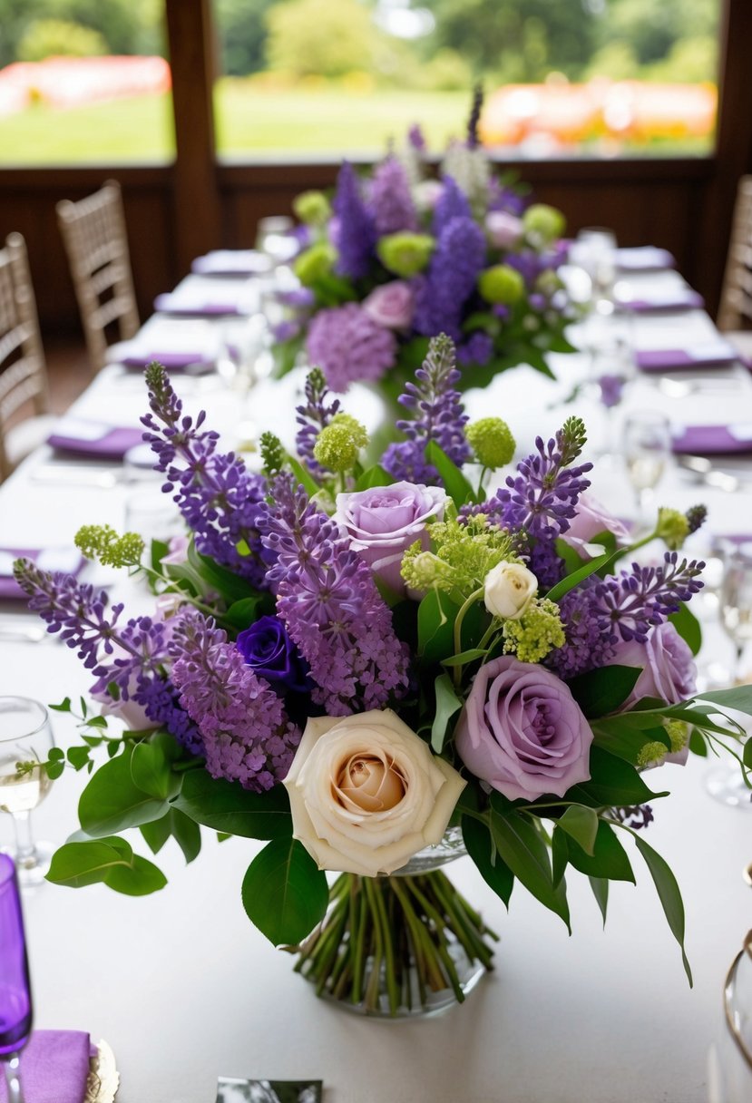 A table adorned with a vibrant wedding bouquet featuring lavender and lilac flowers, creating a delightful and elegant centerpiece