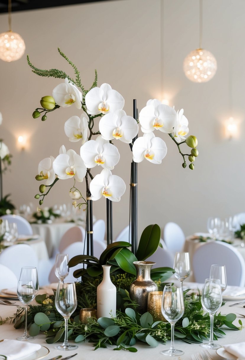 An elegant table with assorted orchids, greenery, and vases for DIY wedding arrangements