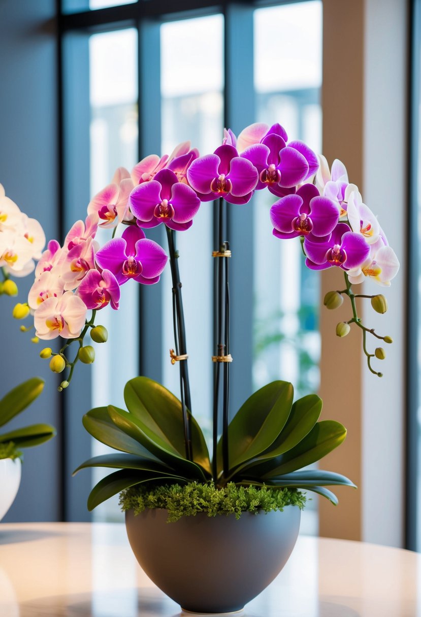 A lush orchid bouquet with delicate Korean-style accents, arranged in a modern vase