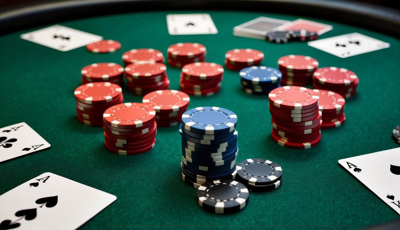 Sekelompok chip poker tersebar di atas meja felt hijau, dikelilingi oleh kartu dan tombol dealer