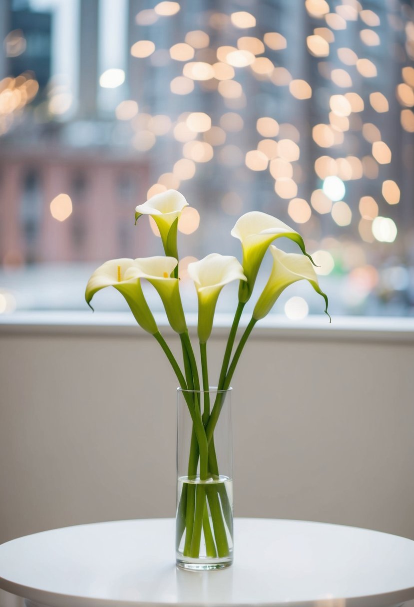 A simple table with a single calla lily bouquet in a clear vase