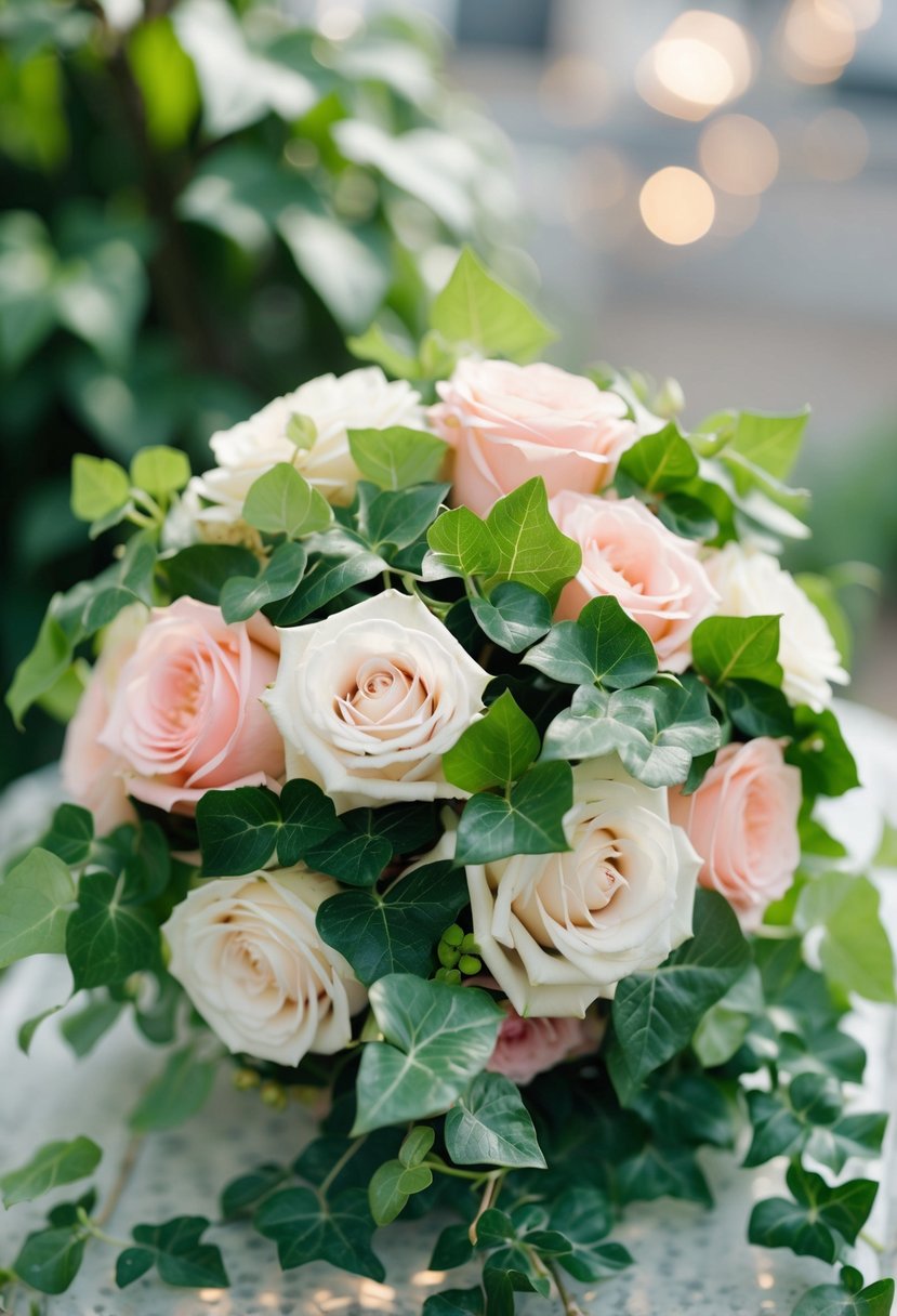 A bouquet of garden roses and ivy arranged in a Korean-style wedding theme