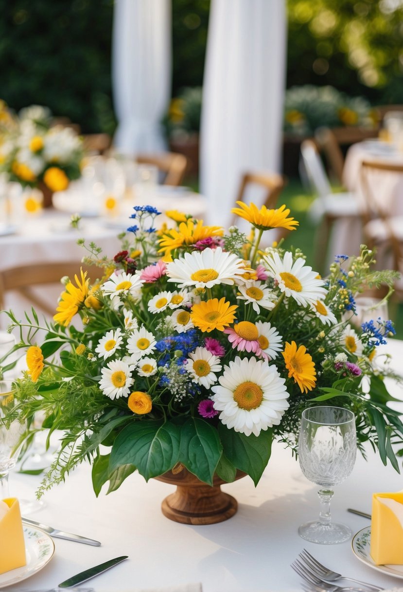 A garden-inspired centerpiece featuring a vibrant bouquet of daisies and other wildflowers set on a beautifully adorned table, perfect for a wedding celebration