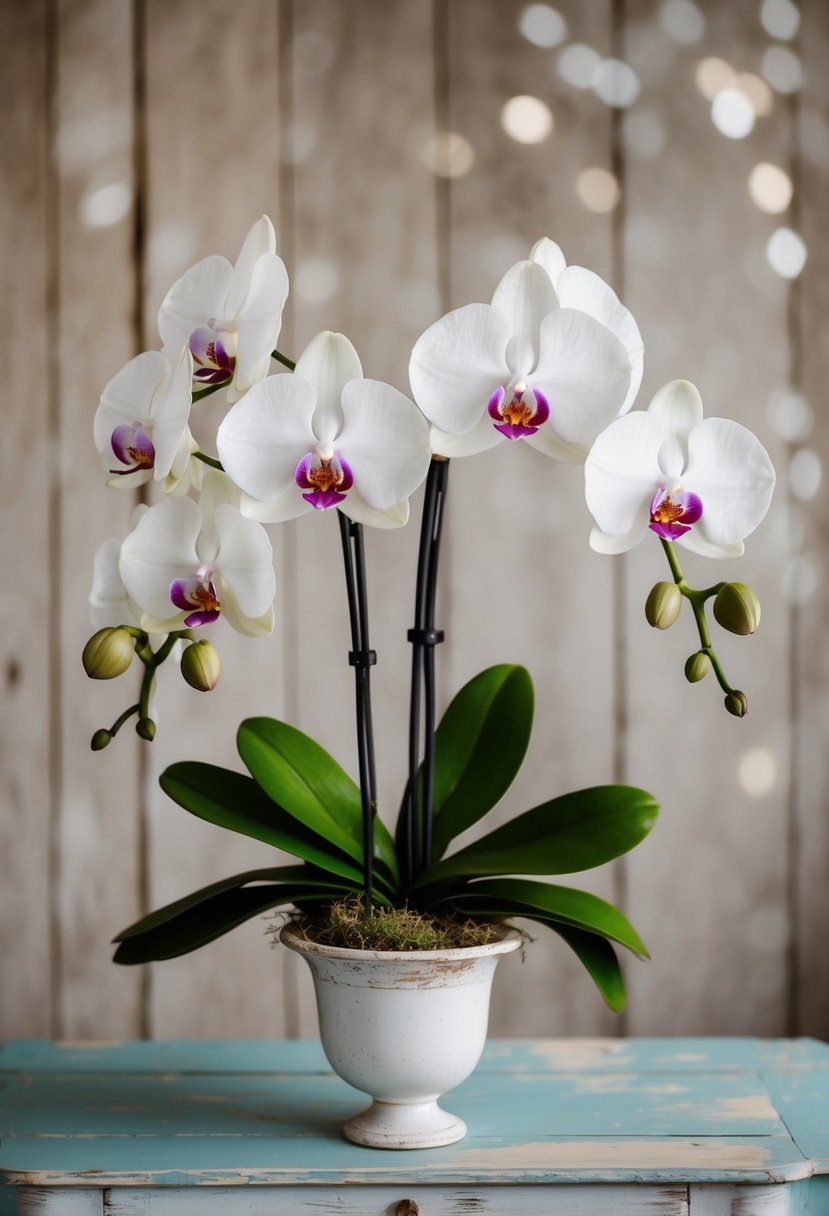 A shabby chic orchid bouquet sits on a weathered wooden table