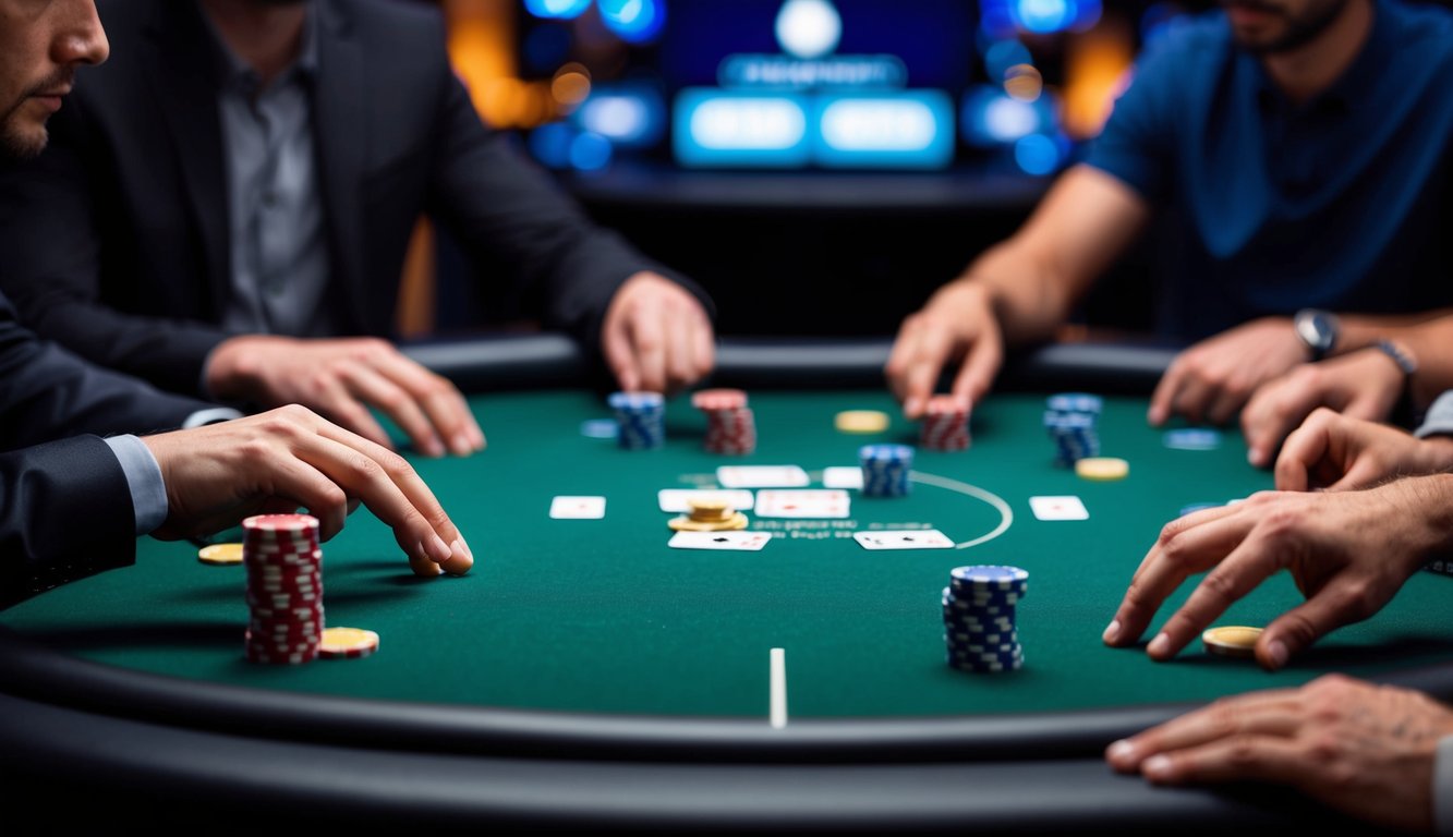 Sebuah permainan poker tegang secara online, dengan kartu dan chip virtual di antarmuka digital yang ramping, pemain merencanakan strategi dan menunggu langkah selanjutnya.