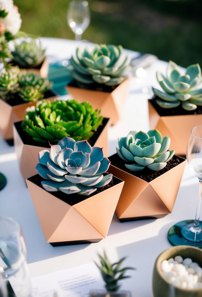 Vibrant succulents in modern geometric planters arranged on a table for a chic wedding bouquet