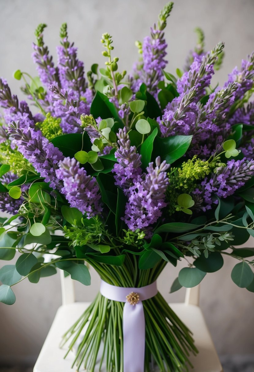 A lush bouquet of lavender and greenery, inspired by Korean style, arranged in an elegant and flowing composition