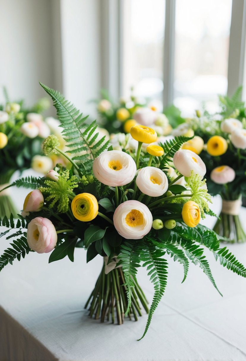 A lush bouquet of romantic ranunculus and delicate fern leaves arranged on a table