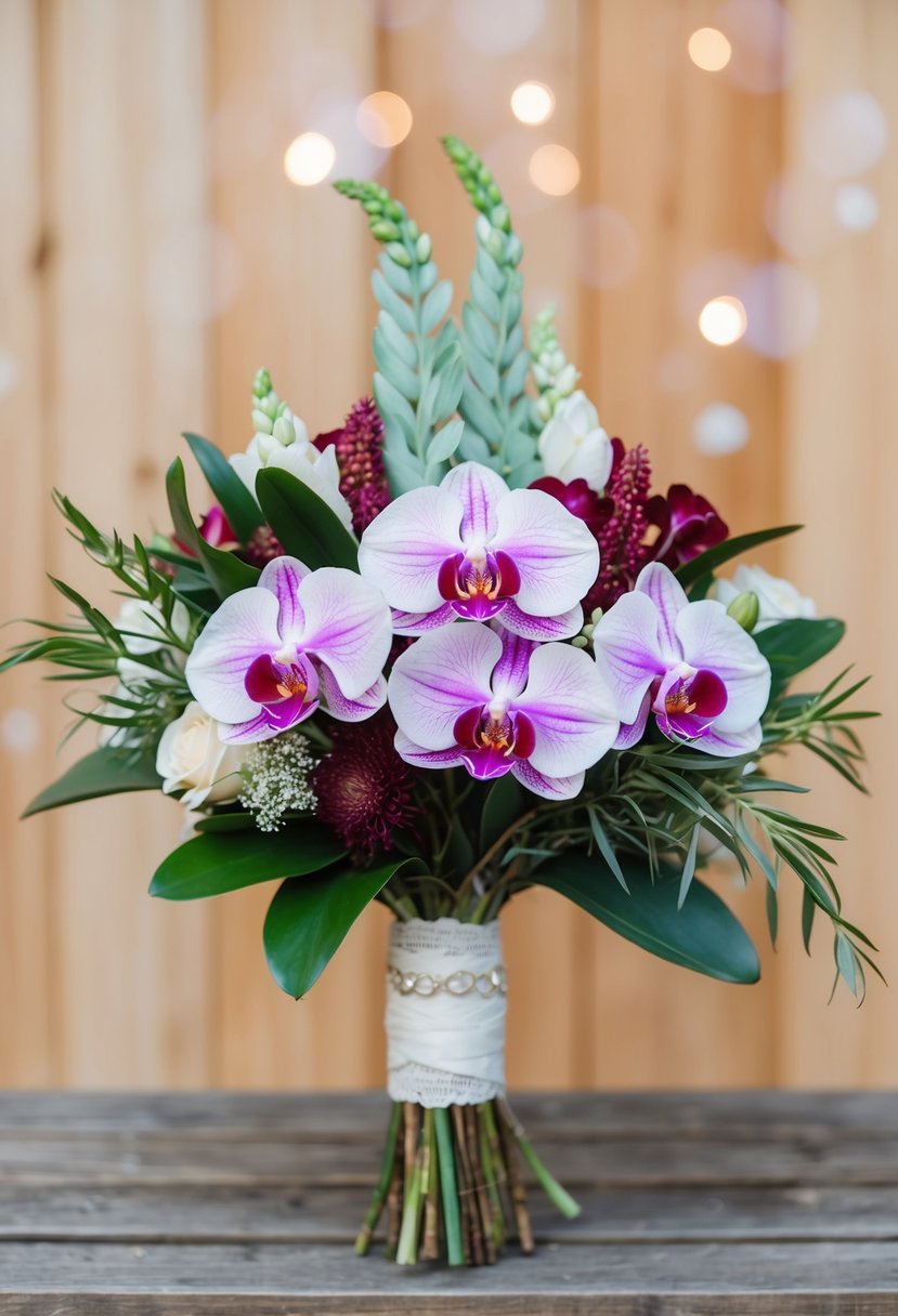 A boho-style wedding bouquet featuring orchids and floral design