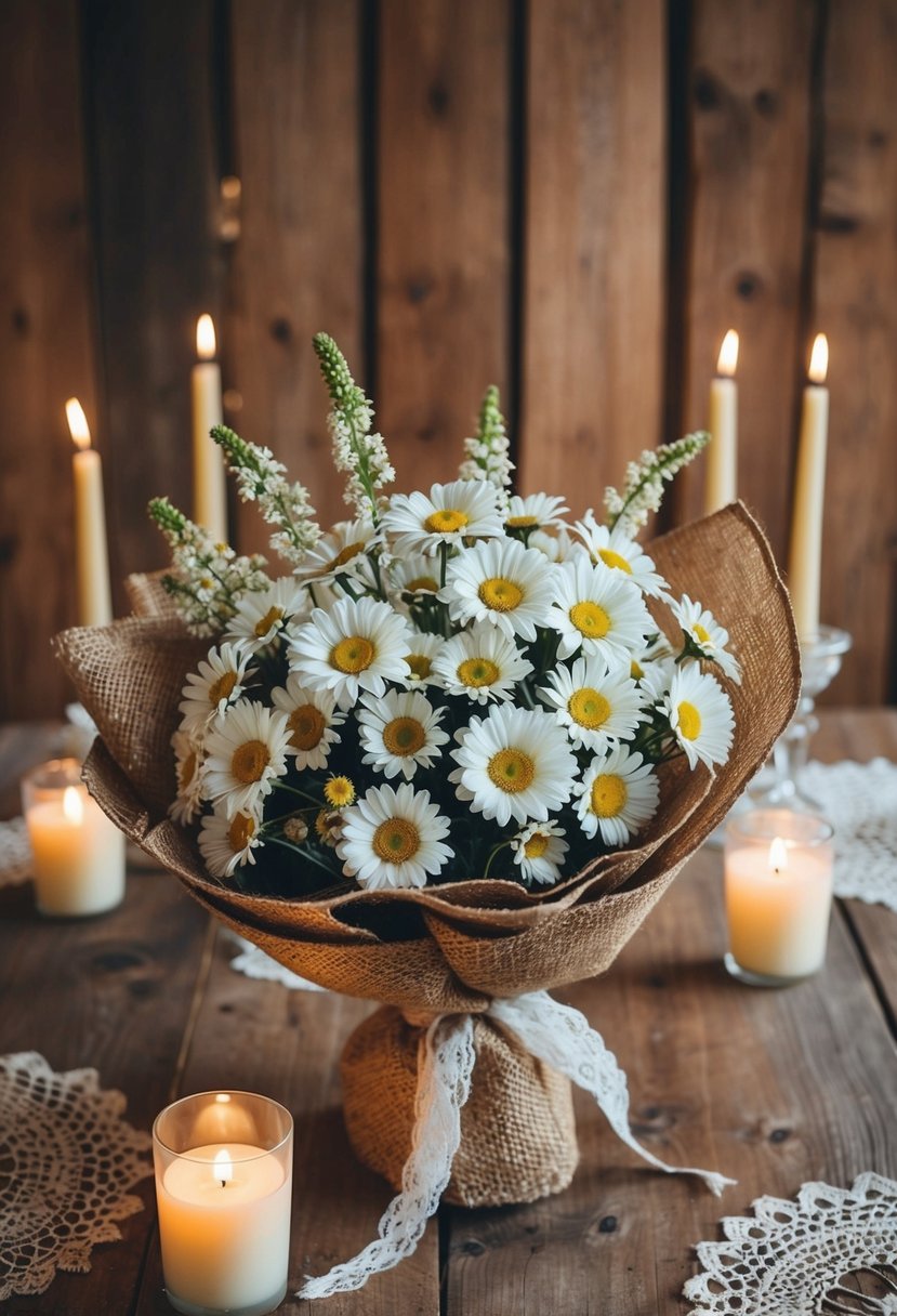 A rustic burlap-wrapped bouquet of daisies sits on a wooden table, surrounded by soft candlelight and vintage lace accents