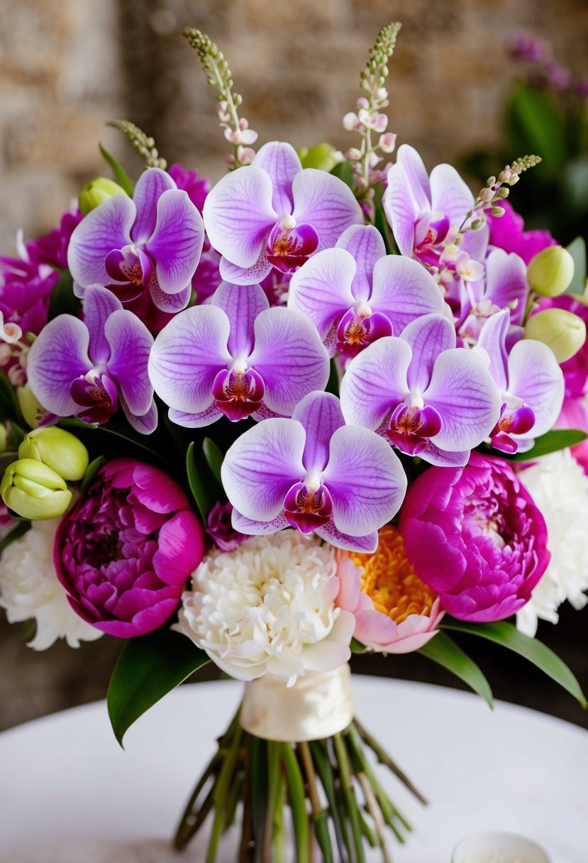 A vibrant arrangement of orchids and peonies in a wedding bouquet