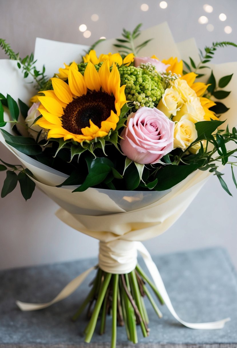 A vibrant sunflower and delicate rose wedding bouquet, arranged in a Korean-inspired style, with lush greenery and elegant wrapping