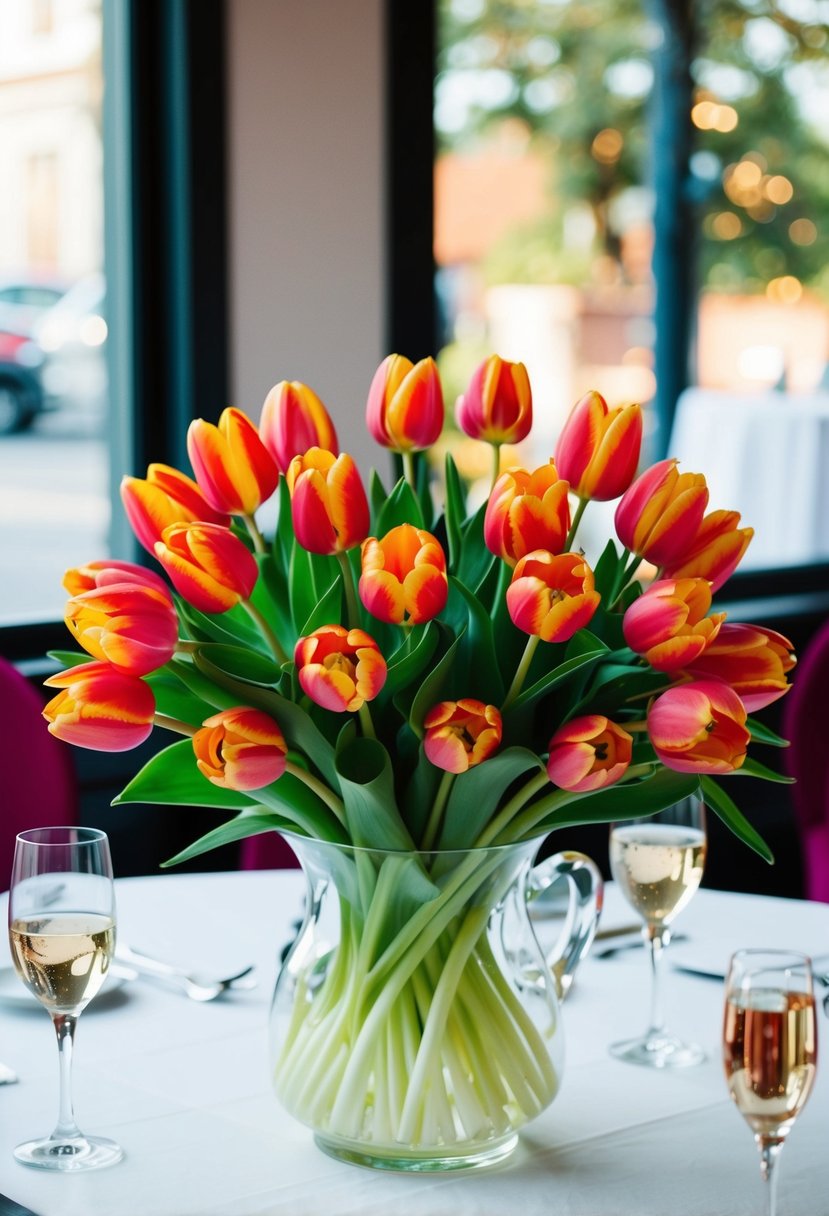 A vibrant tulip arrangement sits on a table, offering wedding bouquet inspiration